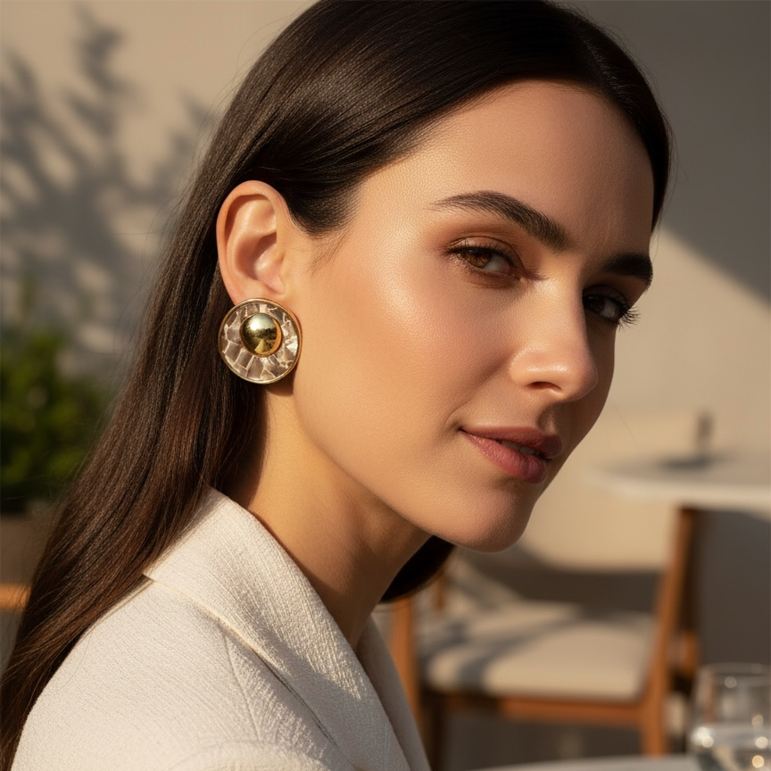 Retro Esintili Sedef Dokulu Düğme Küpe