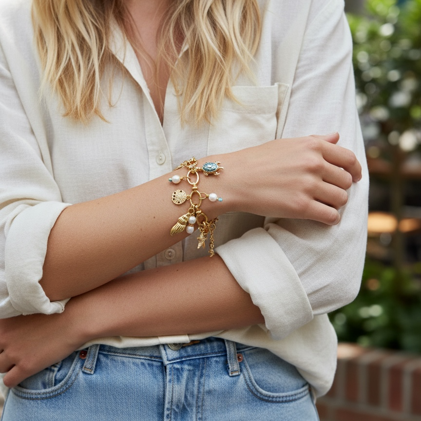 Deniz Temalı Gold Charm Bileklik