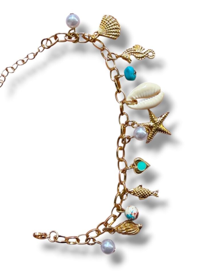 Turkuaz Taşlı Marine Charm Gold Bileklik