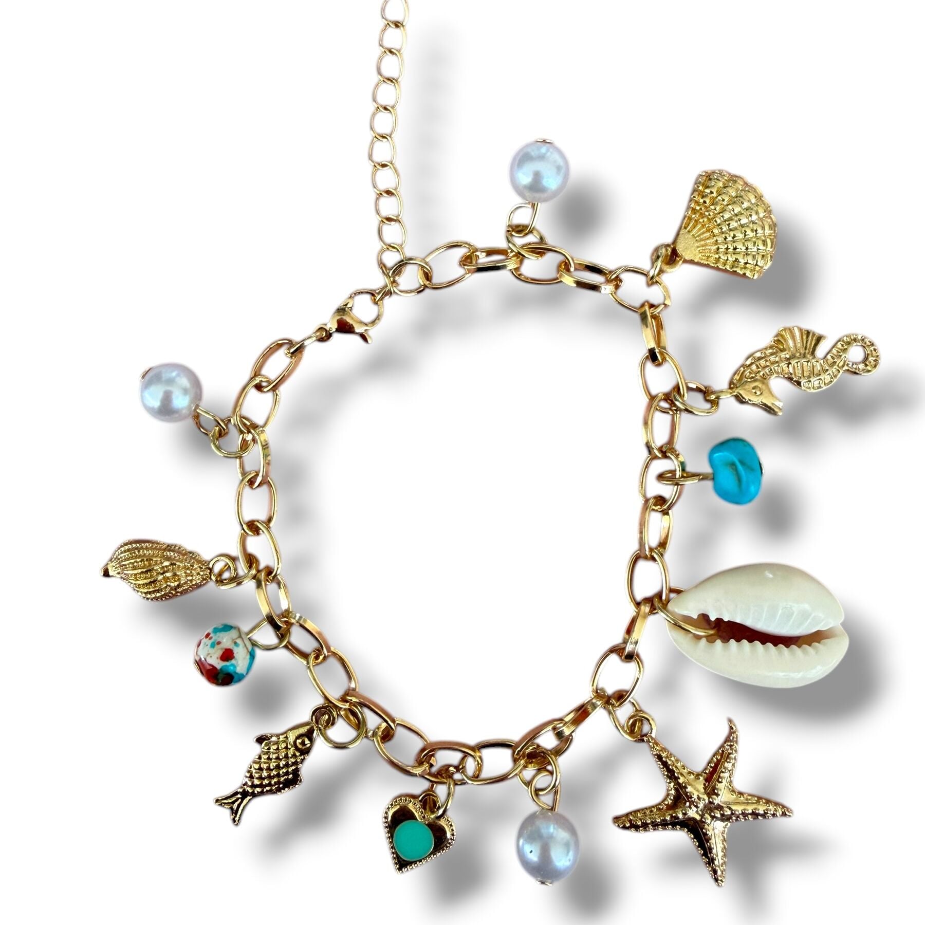 Turkuaz Taşlı Marine Charm Gold Bileklik