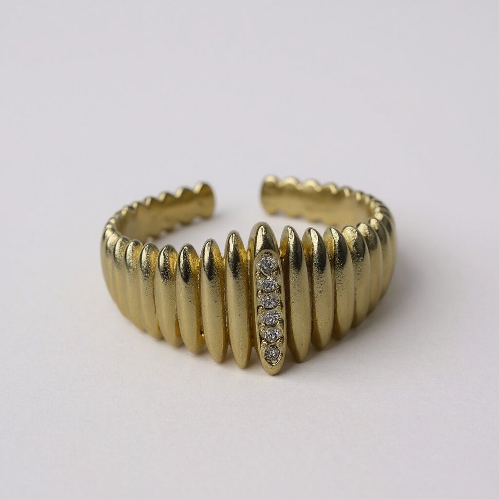 Kalın Tırtıklı/Yivli Zirkon Taş Detaylı Ayarlanabilir Gold Yüzük