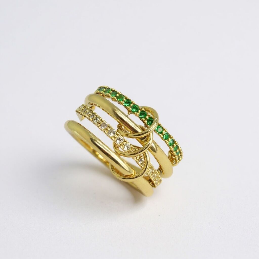 Zümrüt Yeşili ve Beyaz Zirkon Taşlı Çoklu Görünüm Gold Sarmal Yüzük