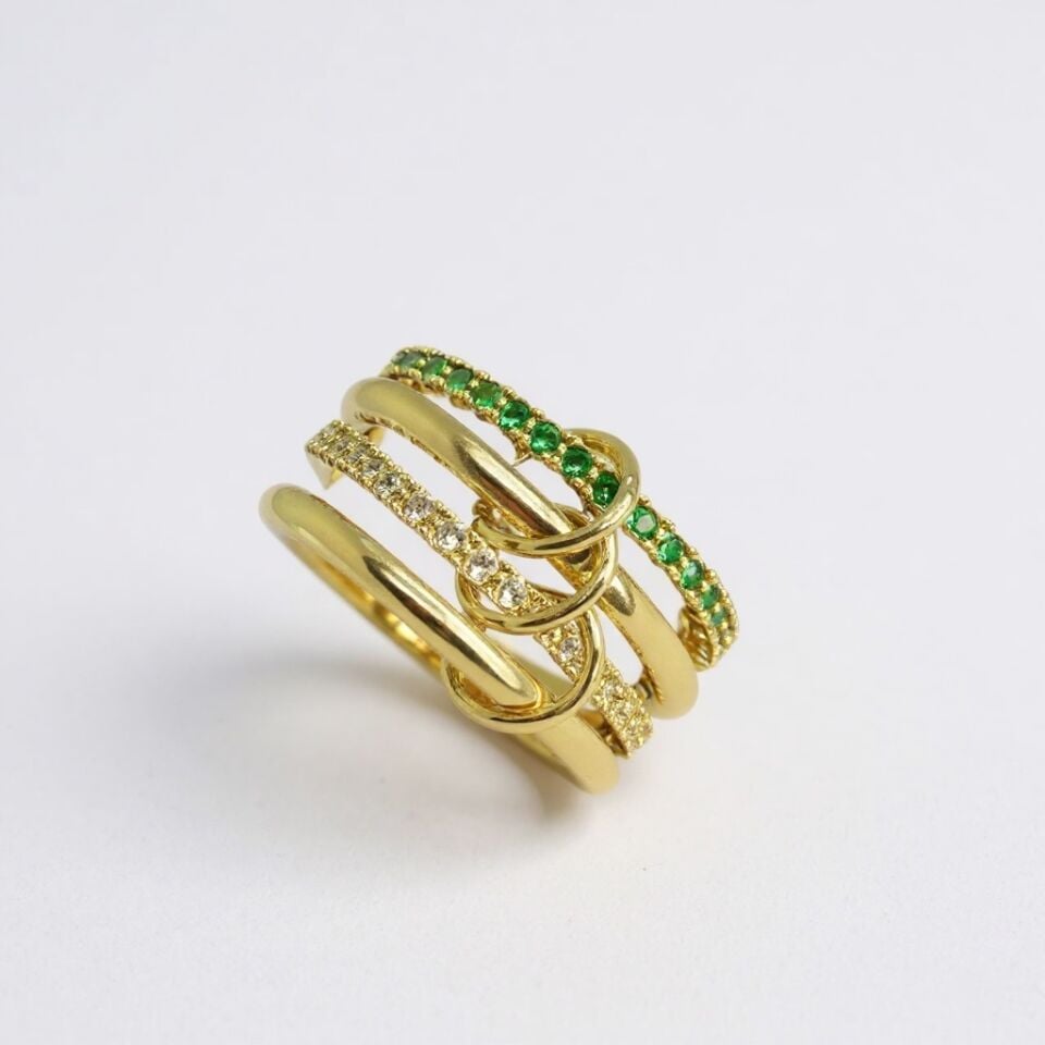 Zümrüt Yeşili ve Beyaz Zirkon Taşlı Çoklu Görünüm Gold Sarmal Yüzük