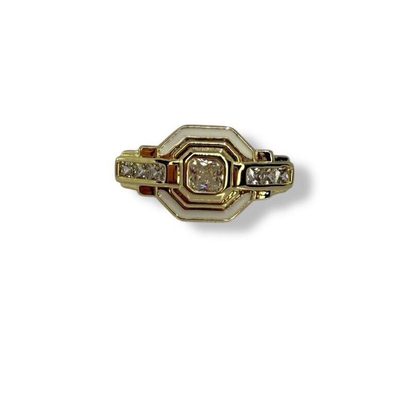 Beyaz Mineli ve Zirkon Taşlı Geometrik Gold Yüzük (Vintage Tasarım)