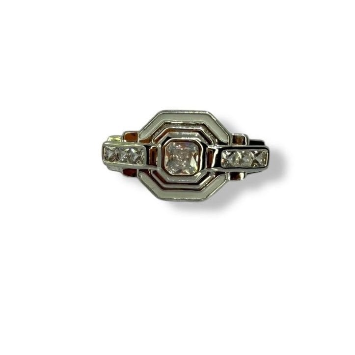 Beyaz Mineli ve Zirkon Taşlı Geometrik Silver Yüzük (Vintage Tasarım)