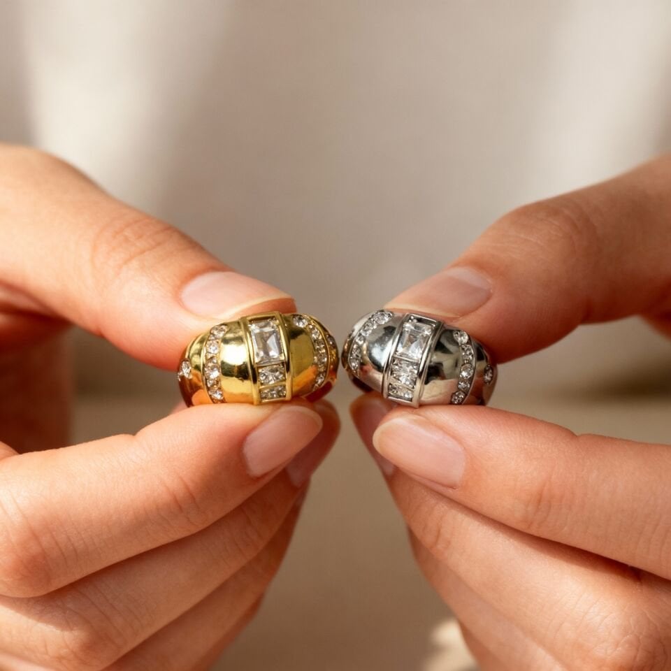 Gold Baget Zirkon Taşlı Ayarlanabilir Kruvasan Yüzük