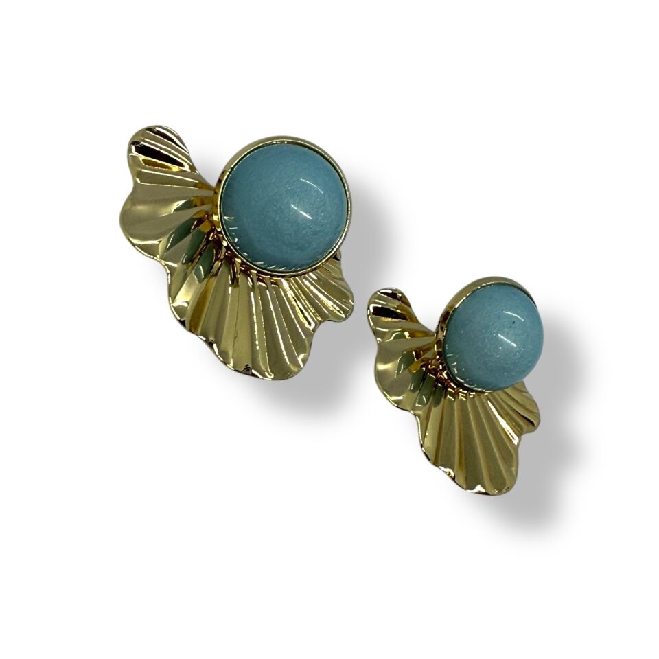 Fırfır/Dalgalı Çerçeveli Mavi Taş Detaylı Gold Küpe