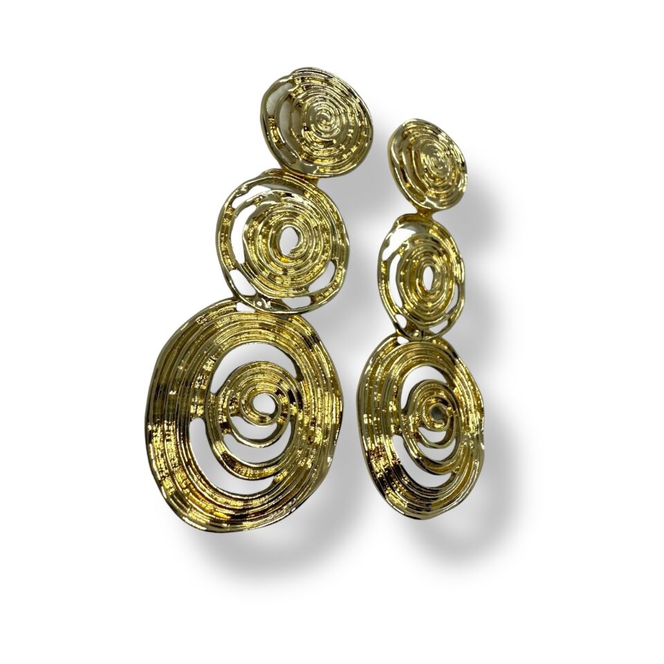 Üç Katmanlı Spiral (Burgu) Desenli Uzun Sallantılı Gold Küpe