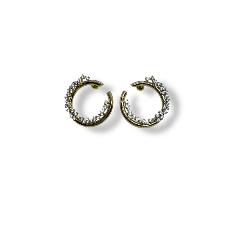 Asimetrik Yoğun Zirkon Taşlı Hilal (C Form) Gold Küpe