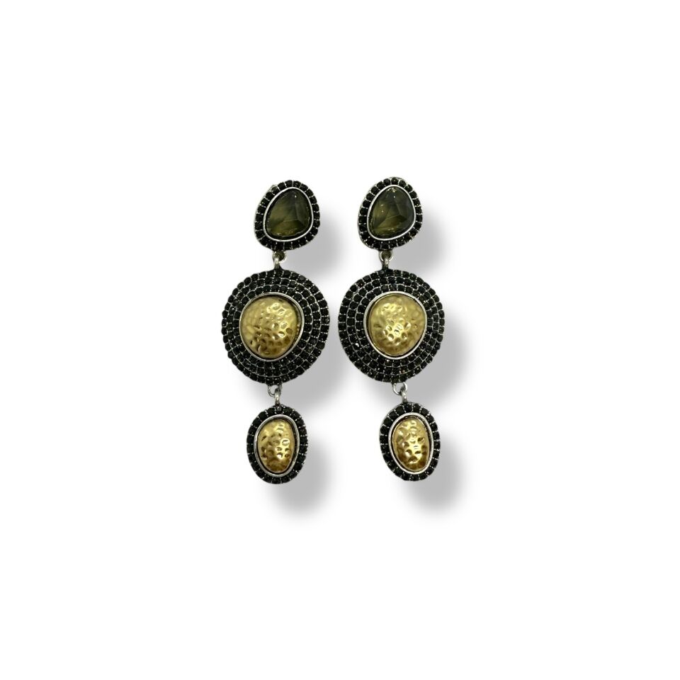 Yuvarlak Formlu Dövme Gold ve Siyah Mikro Zirkon Taşlı Sallantılı Küpe