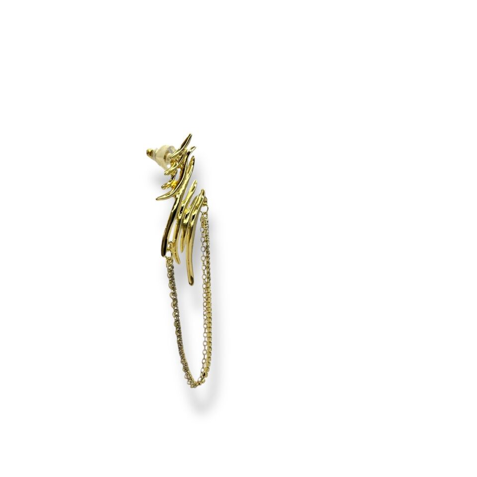 Avangart Kıvrımlı Pençe Formlu Zirkon Zincir Sallantılı Gold Küpe