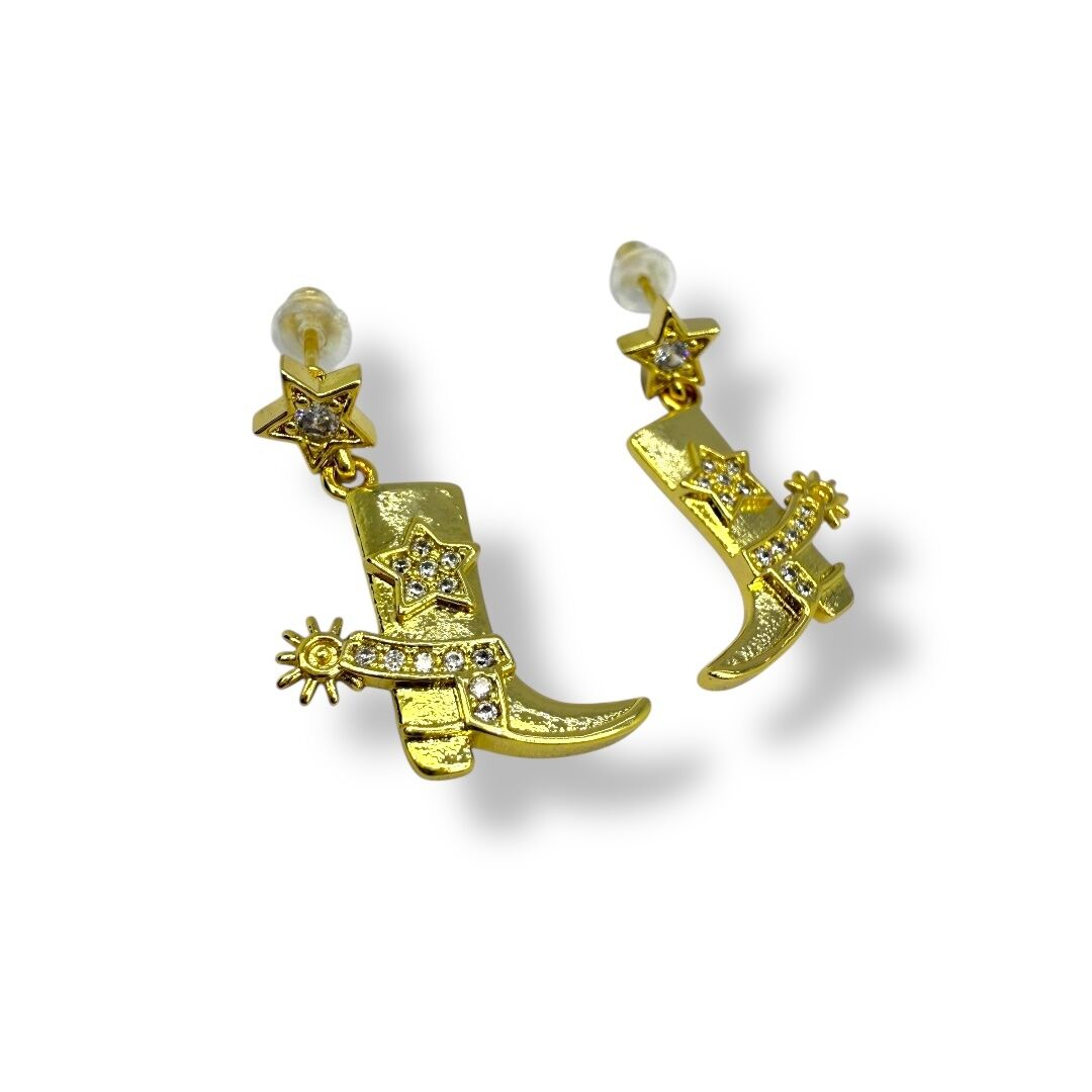 Western Star: Zirkon Taşlı Kovboy Çizmesi Figürlü Altın Kaplama Küpe