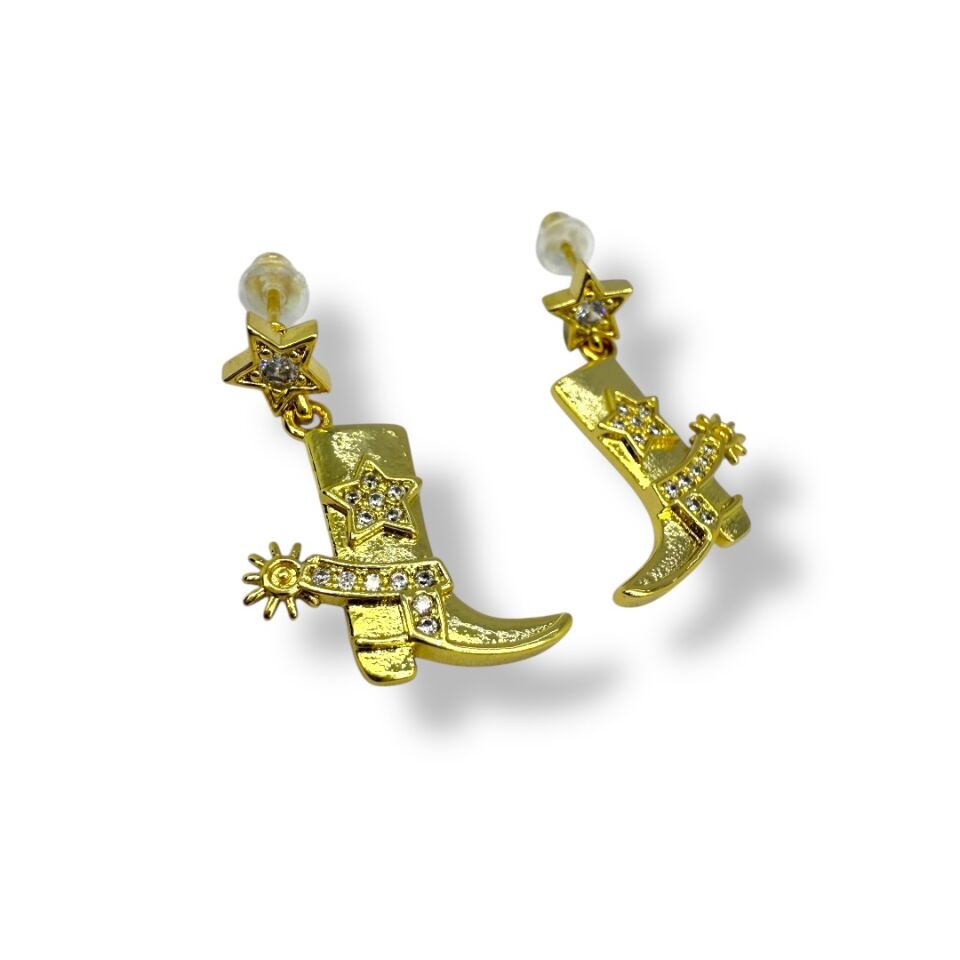 Western Star: Zirkon Taşlı Kovboy Çizmesi Figürlü Altın Kaplama Küpe