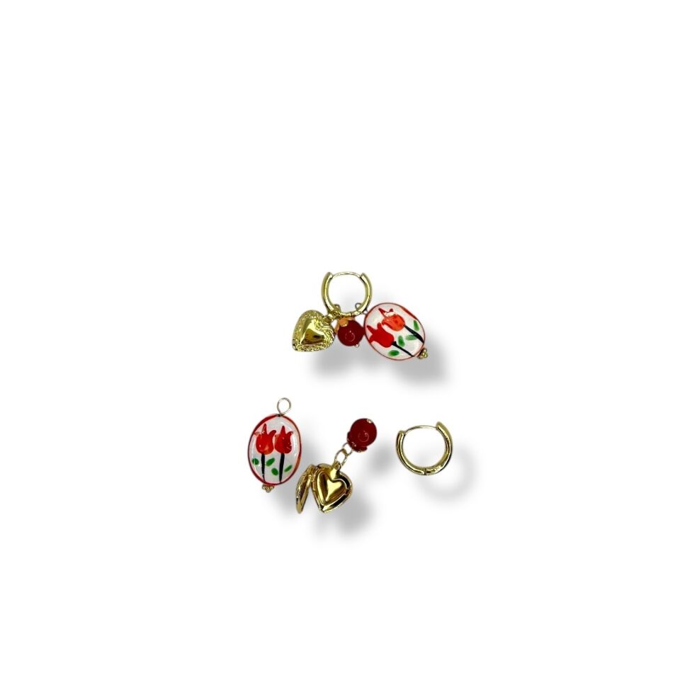 Vintage Garden: Lale Desenli Seramik & Açılır Kalp Madalyonlu Küpe