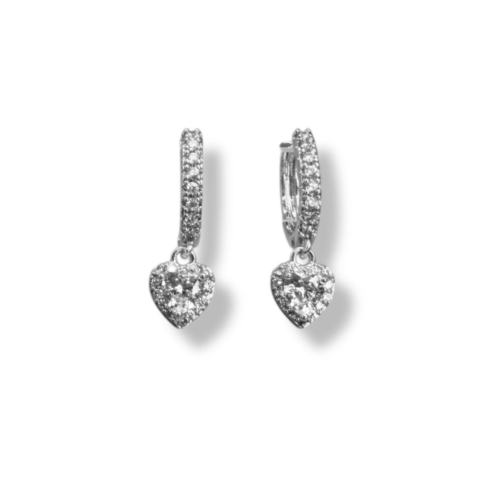 Tektaş Kalp Figürlü Zirkon Taşlı Halka Küpe - Gold ve Gümüş Renk Seçenekli Sallantılı Küpe(silver)