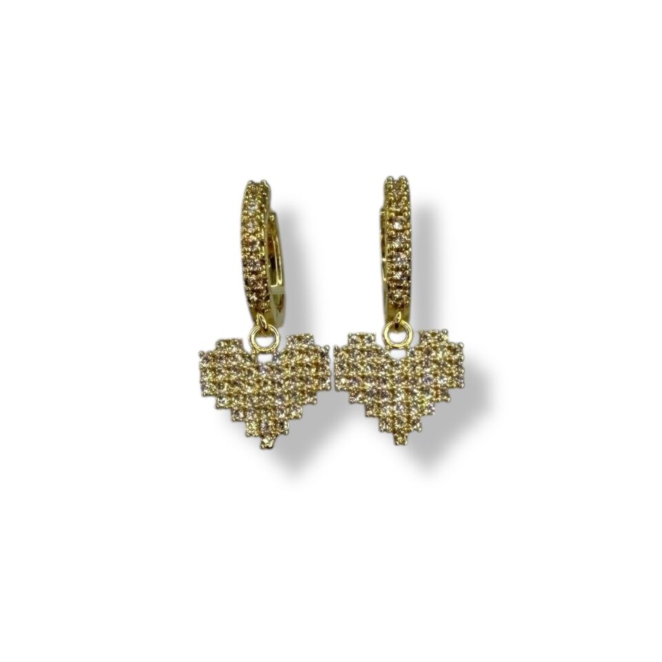 Piksel Tasarım Taşlı Kalp Sallantılı Küpe - Gold ve Gümüş Renk Seçenekli 8-Bit Kalp Küpe (GOLD)