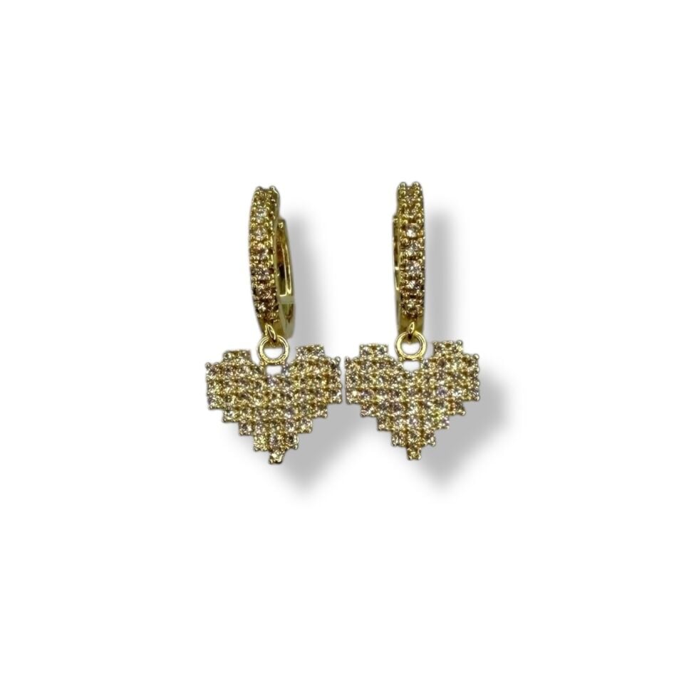 Piksel Tasarım Taşlı Kalp Sallantılı Küpe - Gold ve Gümüş Renk Seçenekli 8-Bit Kalp Küpe (GOLD)