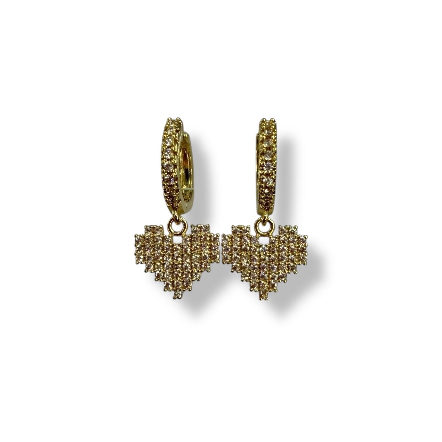 Piksel Tasarım Taşlı Kalp Sallantılı Küpe - Gold ve Gümüş Renk Seçenekli 8-Bit Kalp Küpe (GOLD)