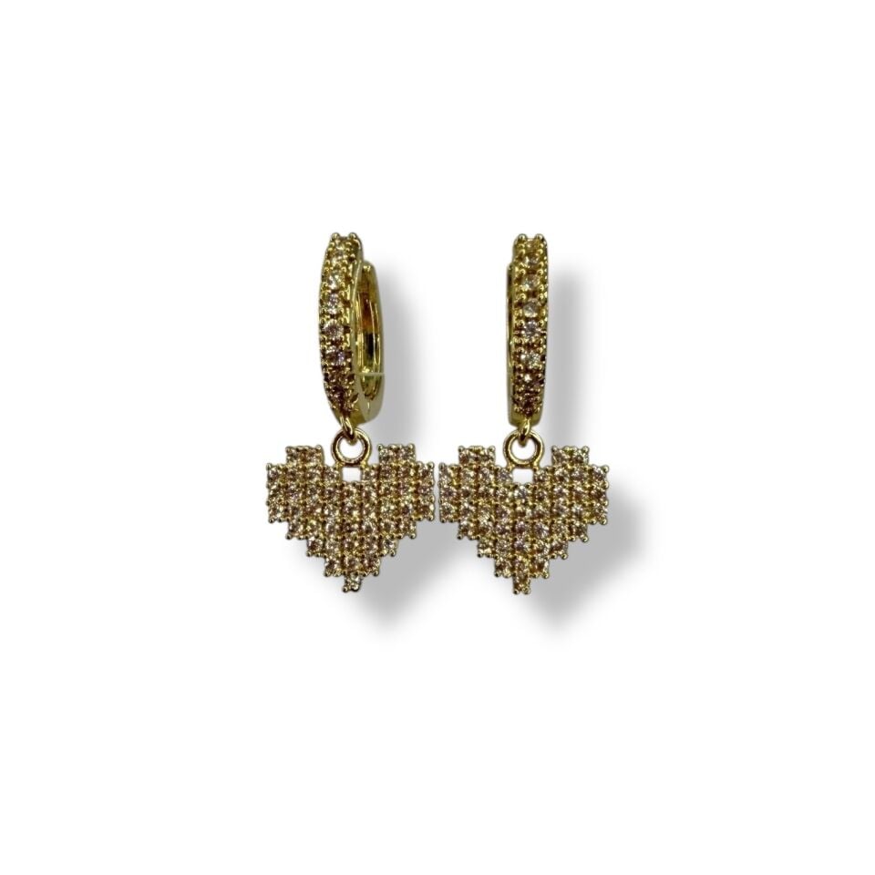 Piksel Tasarım Taşlı Kalp Sallantılı Küpe - Gold ve Gümüş Renk Seçenekli 8-Bit Kalp Küpe (GOLD)