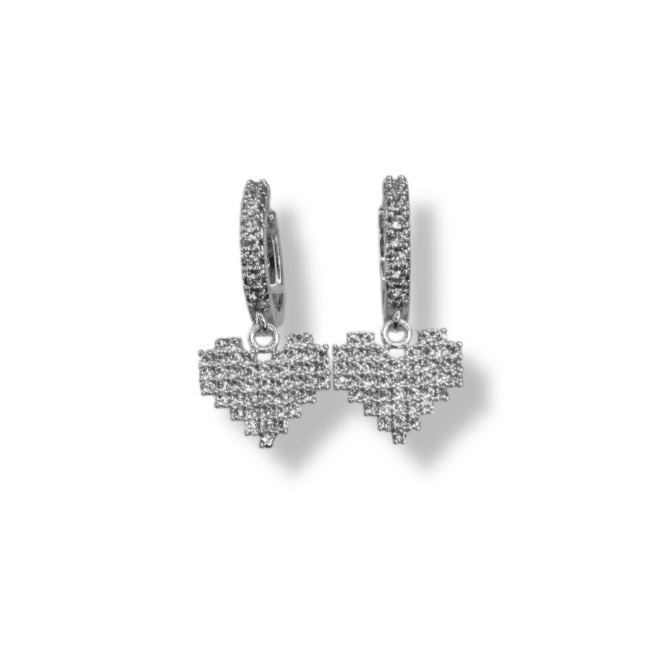 Piksel Tasarım Taşlı Kalp Sallantılı Küpe - Gold ve Gümüş Renk Seçenekli 8-Bit Kalp Küpe(SILVER)