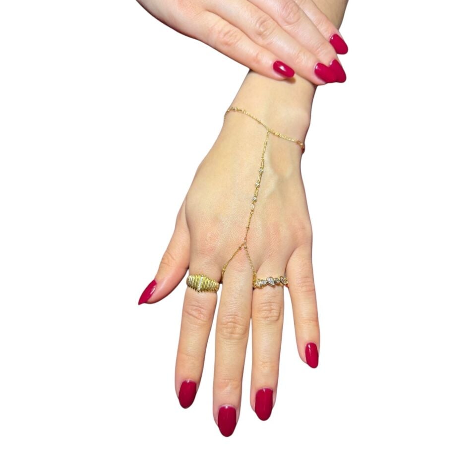 Işıltılı Taş Detaylı Bakla Zincir Şahmeran - Gold ve Gümüş Seçenekli El Takısı(GOLD)