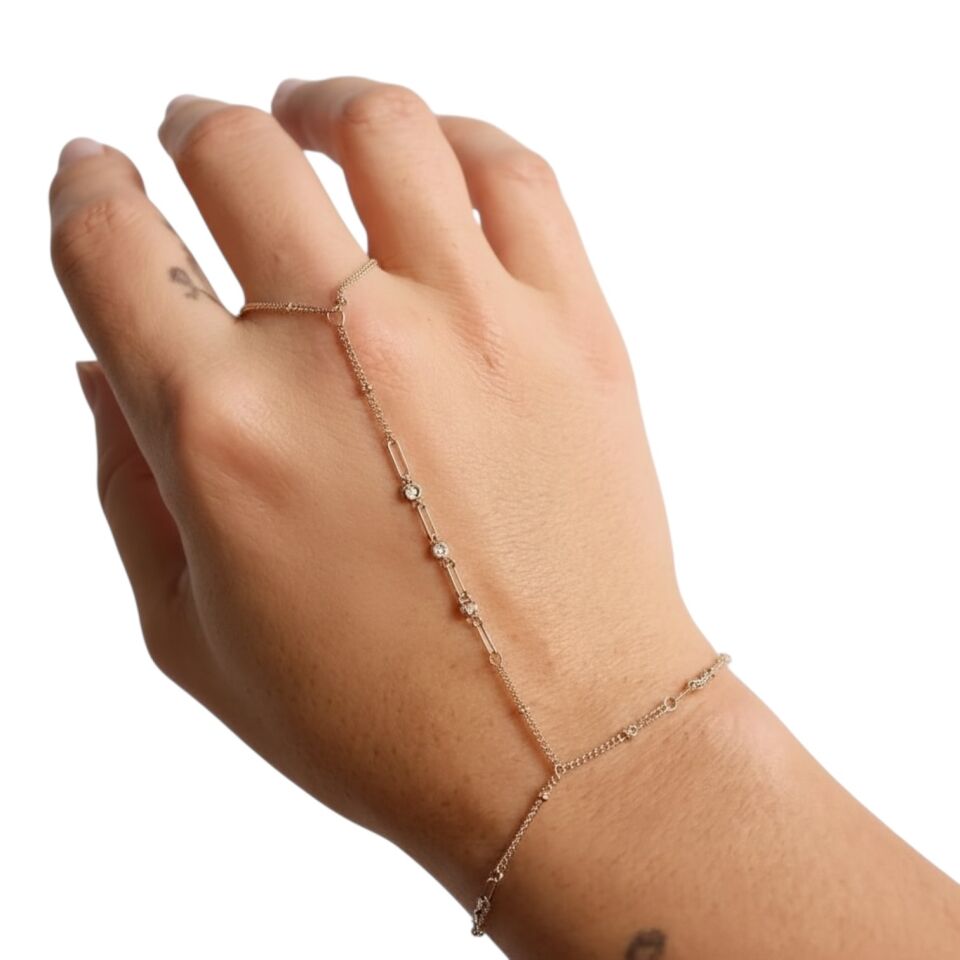 Işıltılı Taş Detaylı Bakla Zincir Şahmeran - Gold ve Gümüş Seçenekli El Takısı(GOLD)