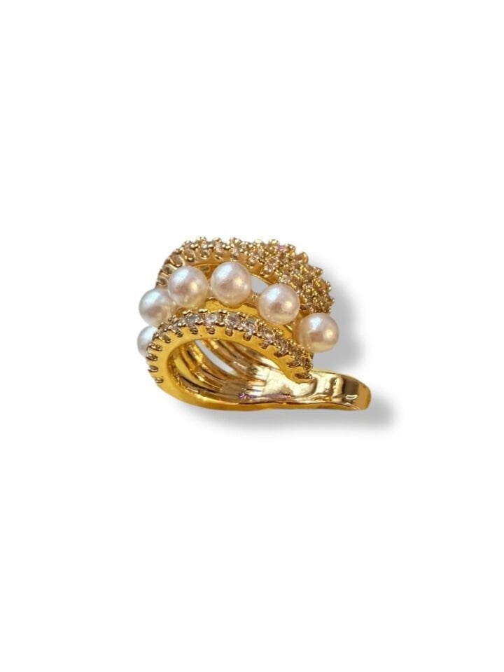 İnci ve Zirkon Taşlı Lüks Kıkırdak Küpe - Gold Renk