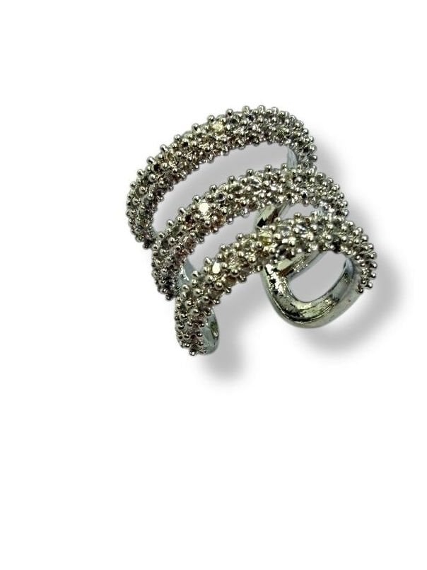 Üç Sıra Tamamı Taşlı Kıkırdak Küpe - Gümüş Renk Deliksiz Lüks Ear Cuff