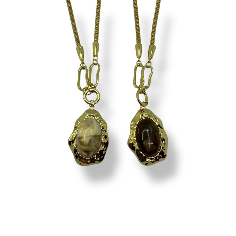 Bohem Tarz Acı Kahve Taşlı Dövme Metal Uçlu Kolye (Koyu Kahve)