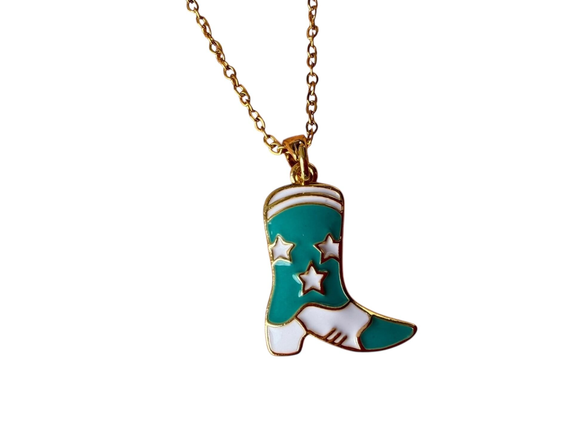 Retro Tasarım Teal & Çelik - Beyaz Mineli Yıldızlı Çizme Kolye