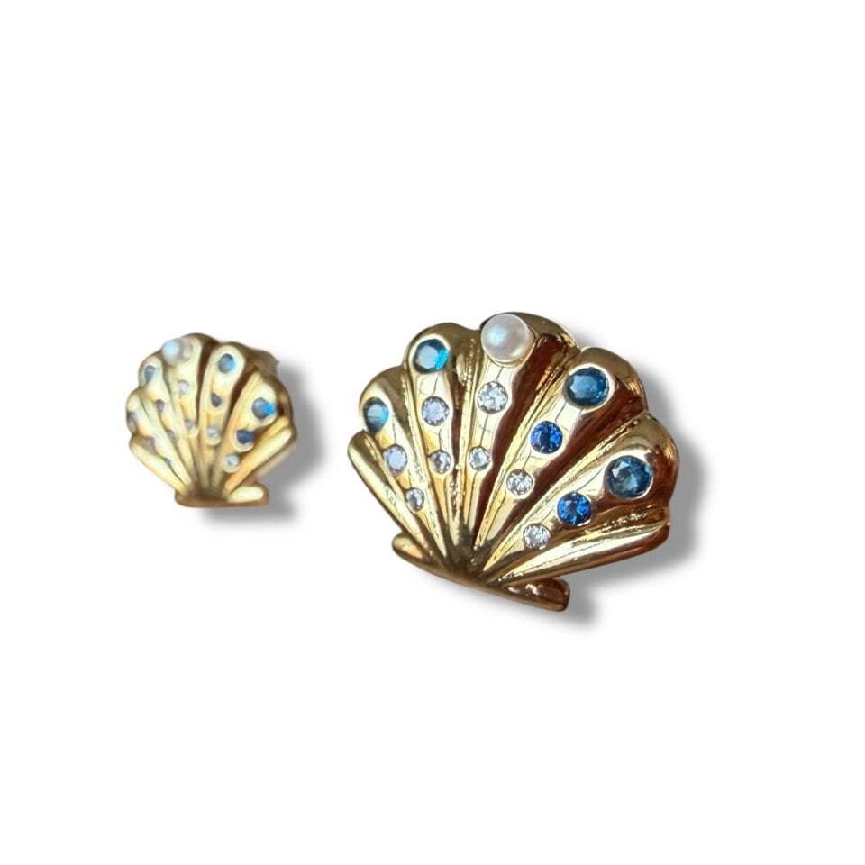 Mavi Taşlı ve İncili Deniz Kabuğu Küpe