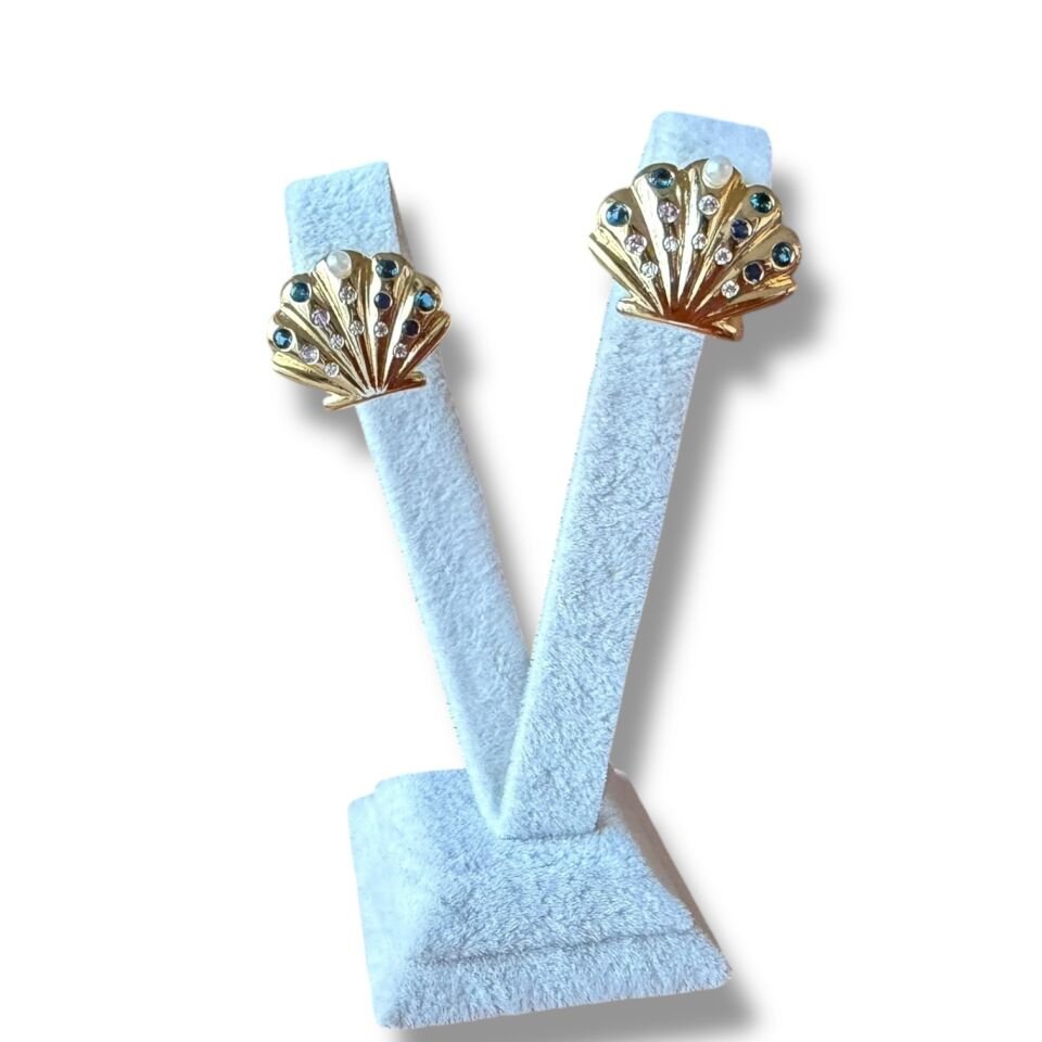 Mavi Taşlı ve İncili Deniz Kabuğu Küpe