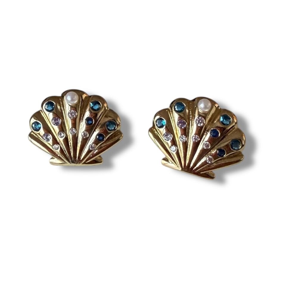 Mavi Taşlı ve İncili Deniz Kabuğu Küpe