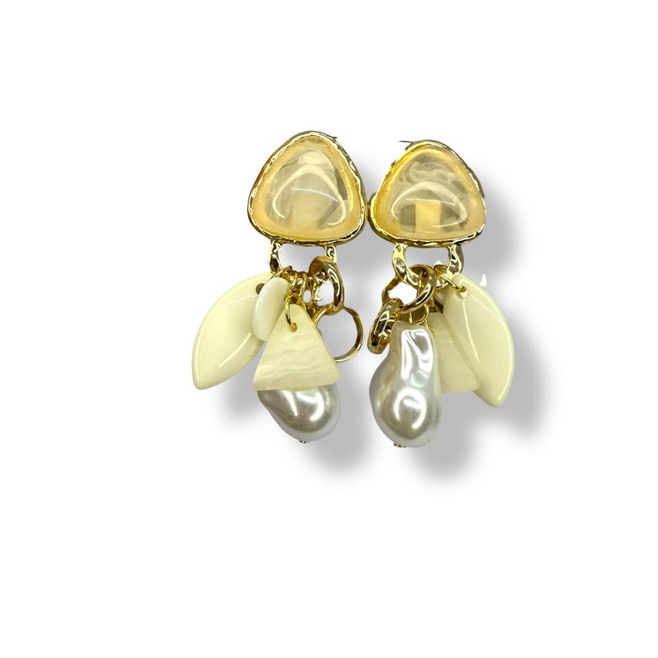 Üçgen Reçine Taşlı Barok İnci ve Charm Sallantılı Gold Küpe Krem-Fildişi