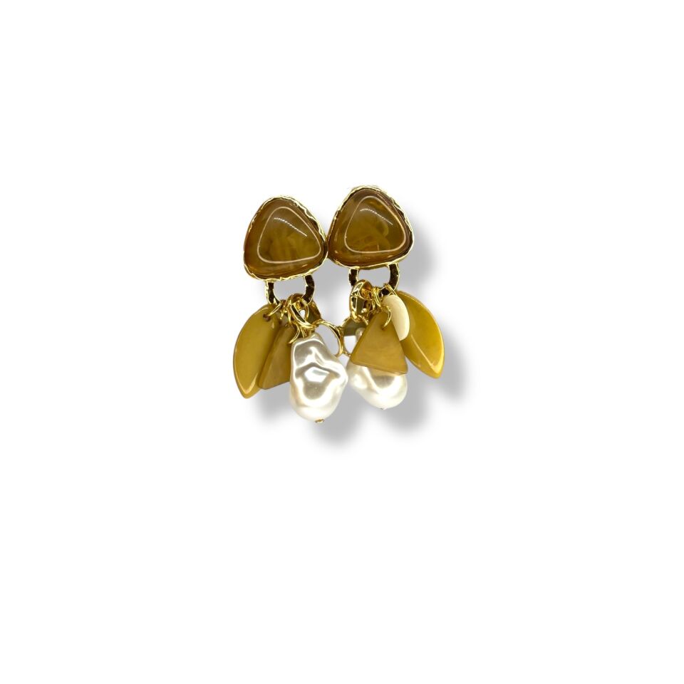 Üçgen Reçine Taşlı Barok İnci ve Charm Sallantılı Gold Küpe Koyu Karamel-Kahve