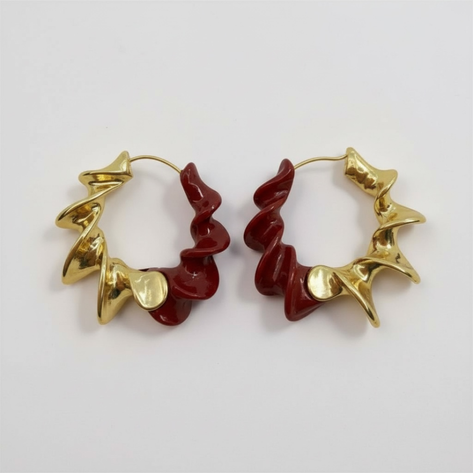 İki Renkli Reçine ve Altın Tonlu Sarmal Halka Küpe