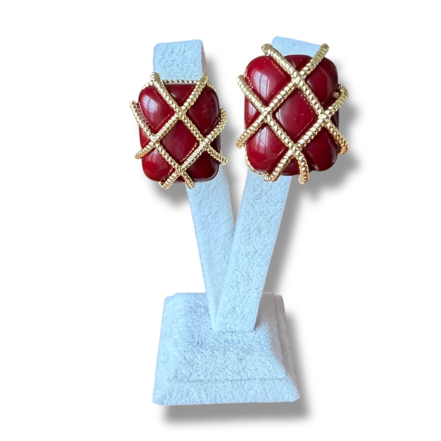 Vintage Tarzı Altın Kafes Detaylı Kare Küpe Serisi Bordo-Kırmızı