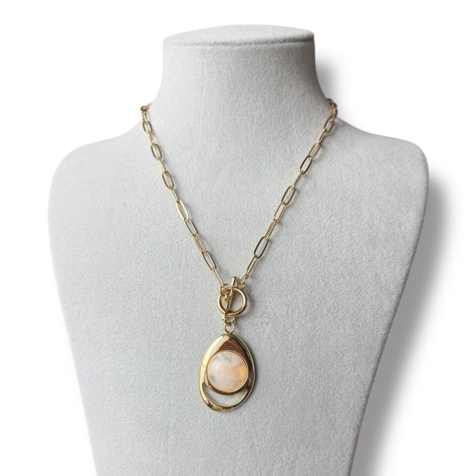 T-Toka Detaylı Modern Retro Damla Kolye - Mermer ve Amber