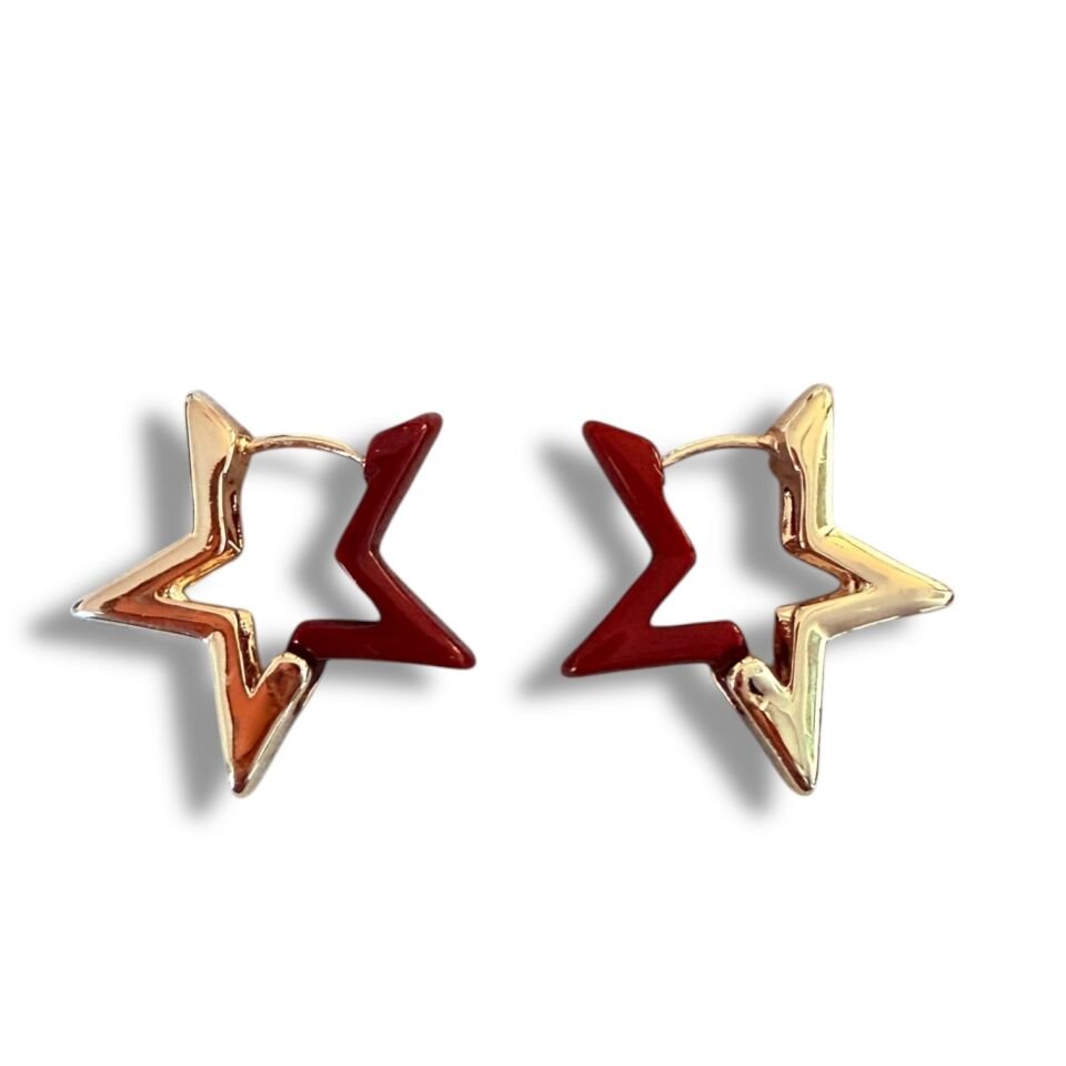 Gold Kaplama Akrilik Detaylı Yıldız Küpe Vişne/Kırmızı
