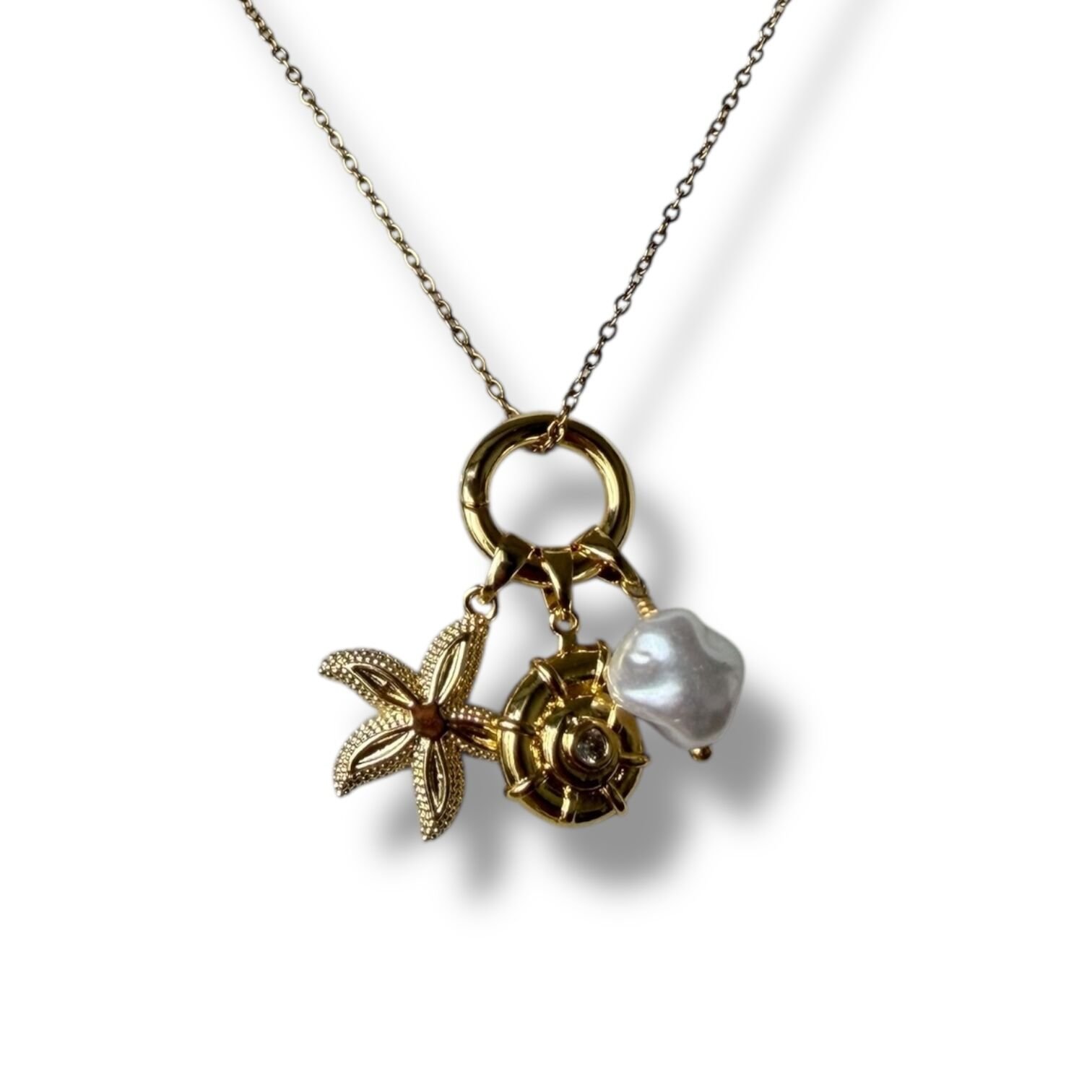 Deniz Yıldızı Figürlü İnci Detaylı Gold Zincir Kolye