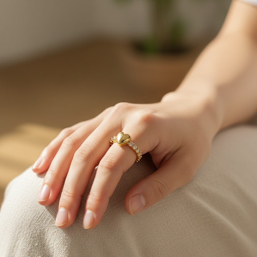 Işıltılı Zirkon Taşlı Gold Kalp Yüzük