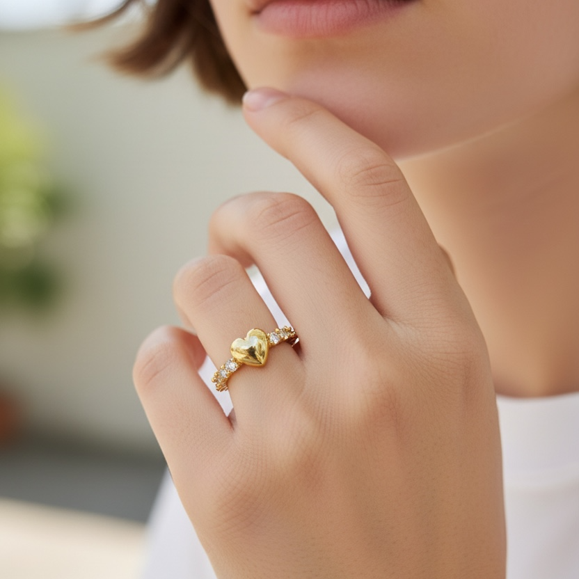 Işıltılı Zirkon Taşlı Gold Kalp Yüzük