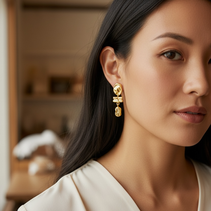 Soyut Geometrik Formlu Kabartmalı Gold Kadın Küpe