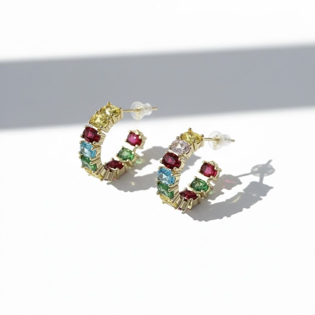 Çok Renkli Oval Kesim Kristal Taşlı Gold Küpe