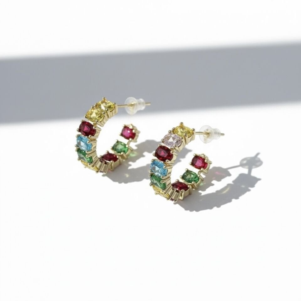 Çok Renkli Oval Kesim Kristal Taşlı Gold Küpe