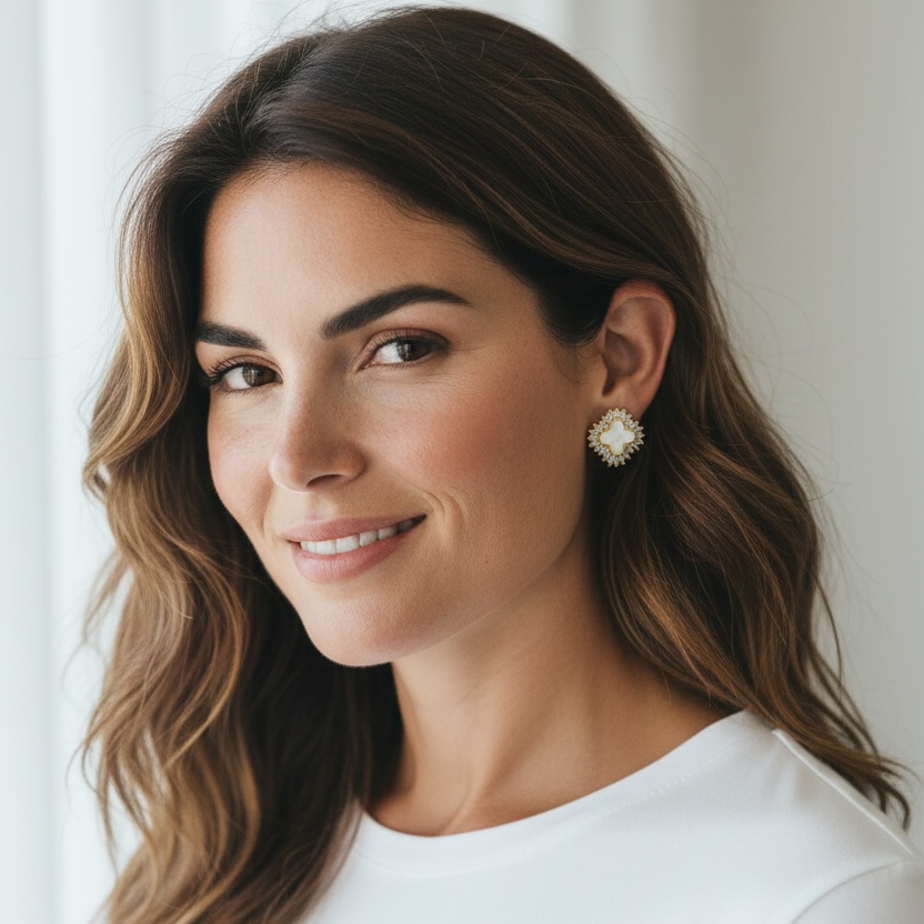 Baget Taş Çerçeveli Beyaz Sedef Yonca Küpe