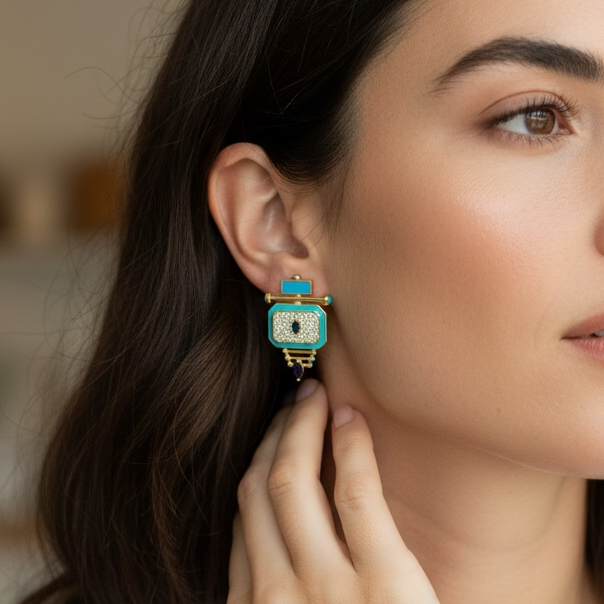 Dikdörtgen Formlu Kristal Taşlı ve Mineli Sallantılı Küpe