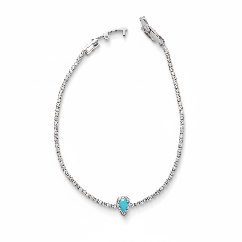 Mavi Firuze Taşlı Silver Renk Zirkon Taşlı İnce Su Yolu