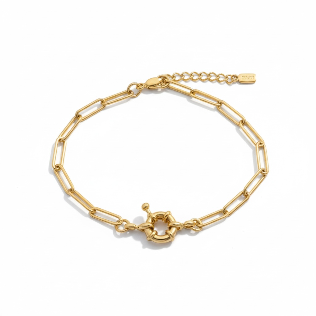 Kalın Dikdörtgen Halkalı Çift Kilitli Gold Zincir Bileklik