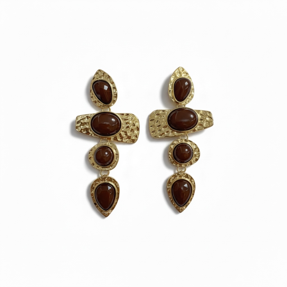 Gold Dövme Metal Dokulu Doğal Taş Görünümlü Sallantılı Küpe